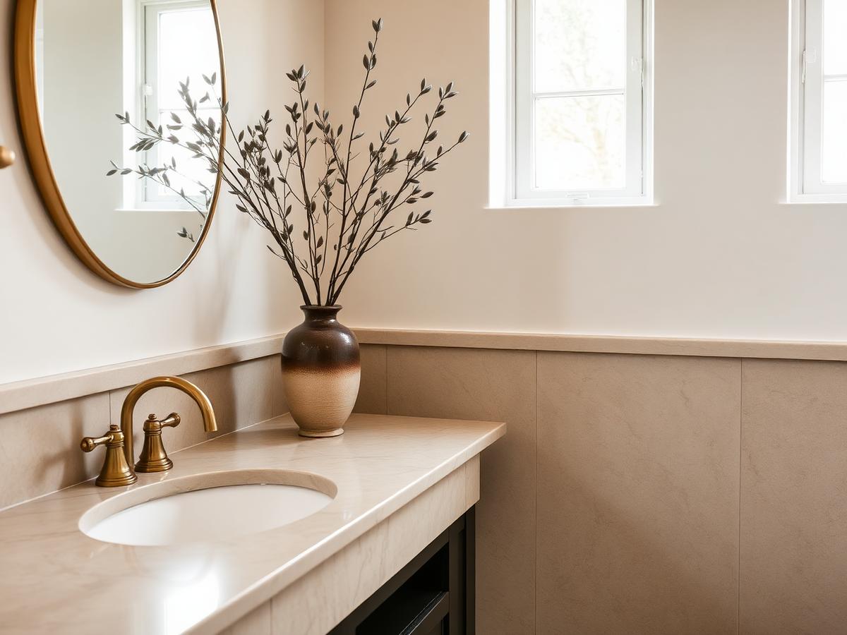 Serene bathroom with brass fixtures and olive branches