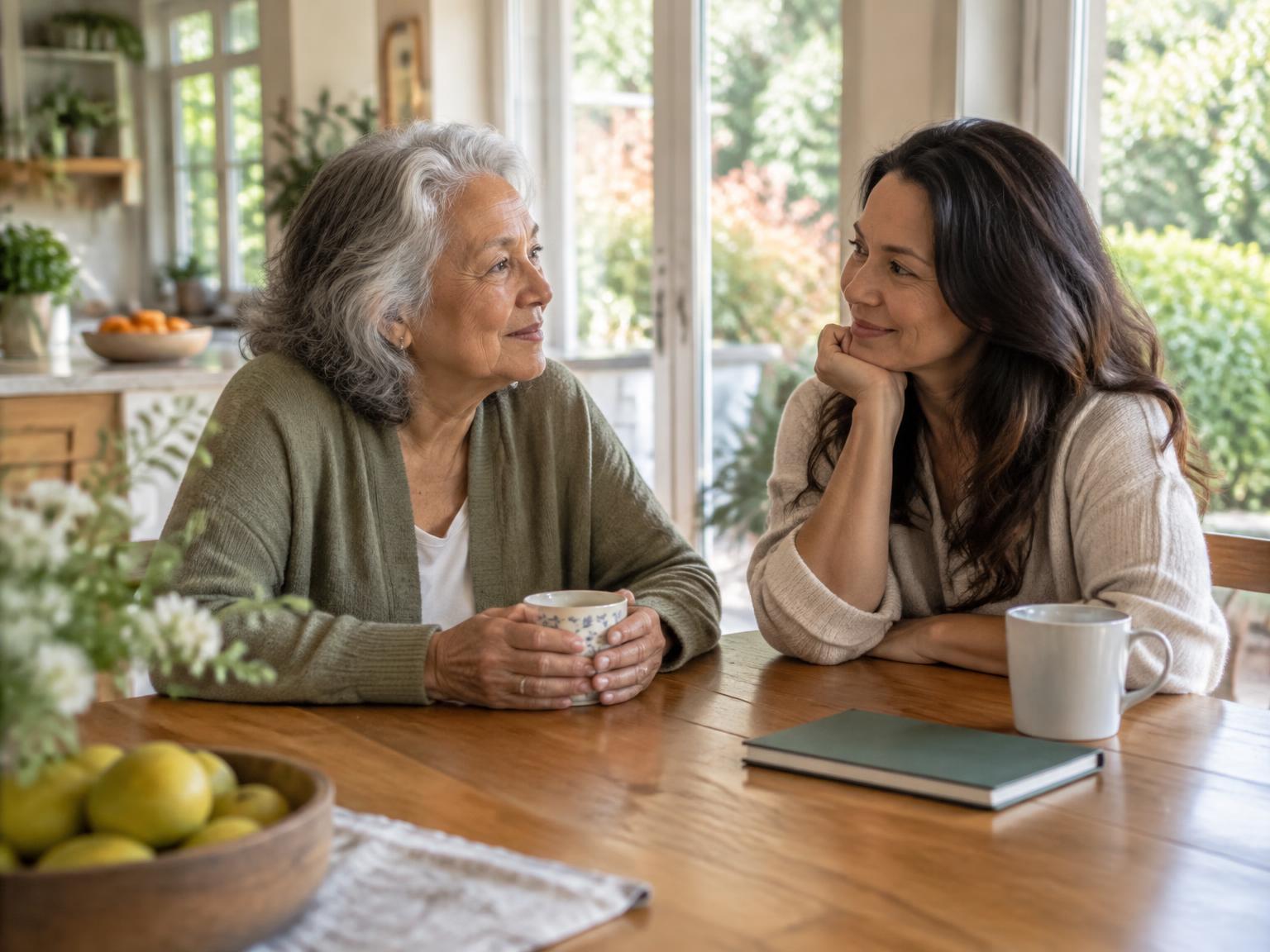 An older mother and her adult daughter having a calm conversation together at a sunlit kitchen table