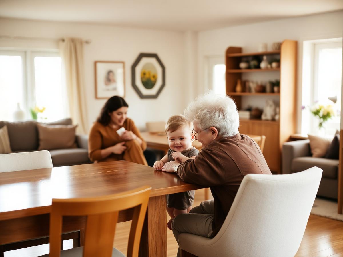 Multigenerational family moment in a warm dining space