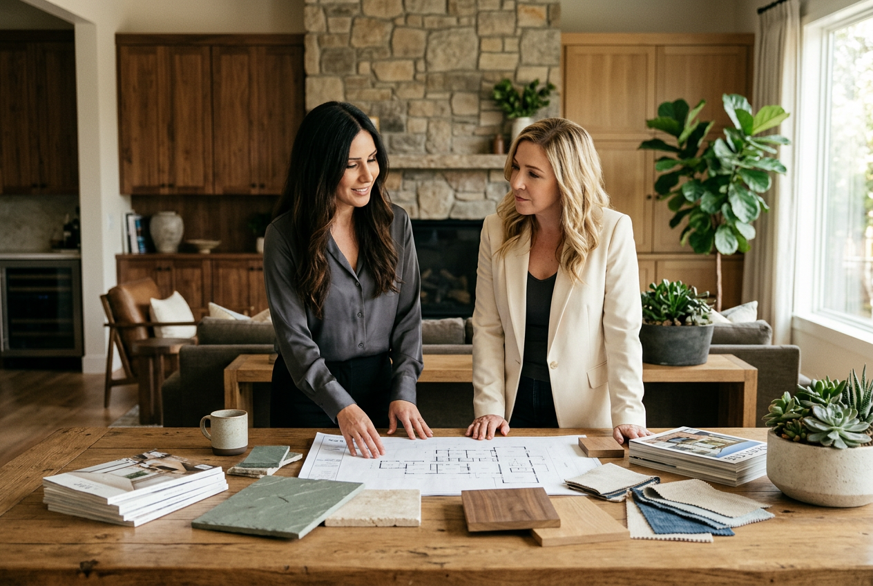 Living Thesis co-founders Pamela Nahal and Lori Sutherland Burns reviewing residential plans and material samples together