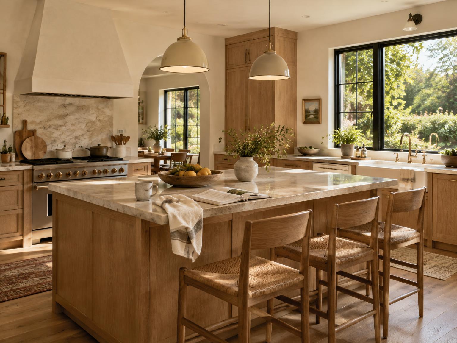 Warm modern kitchen with oak cabinetry and a ceramic vase