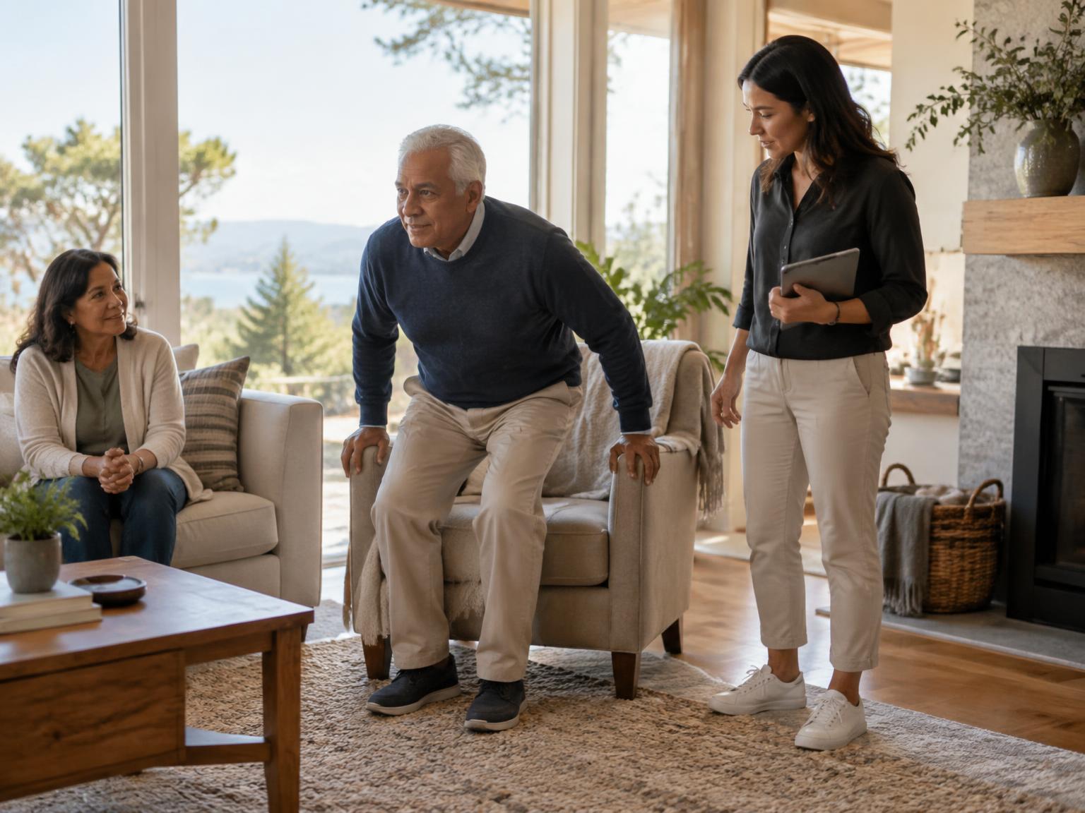 An occupational therapist observing an older adult rising from a chair during a functional assessment at home
