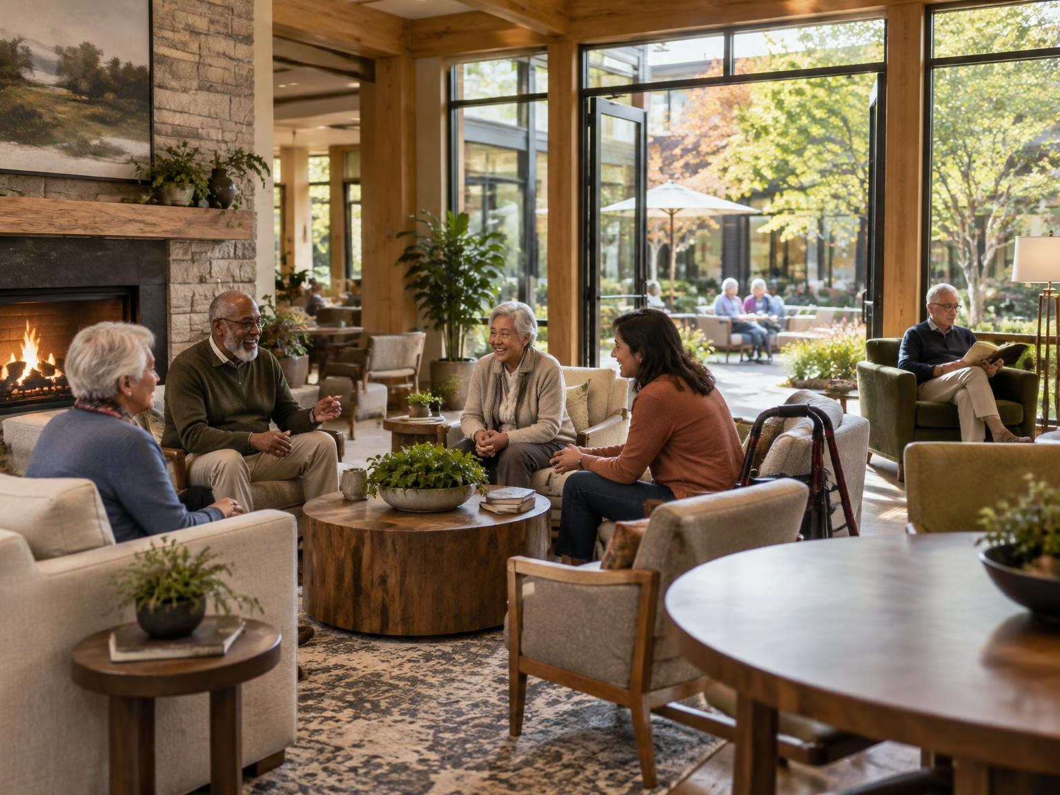 Residents, a family visitor and a quiet reader sharing a warm senior living lounge connected to a garden