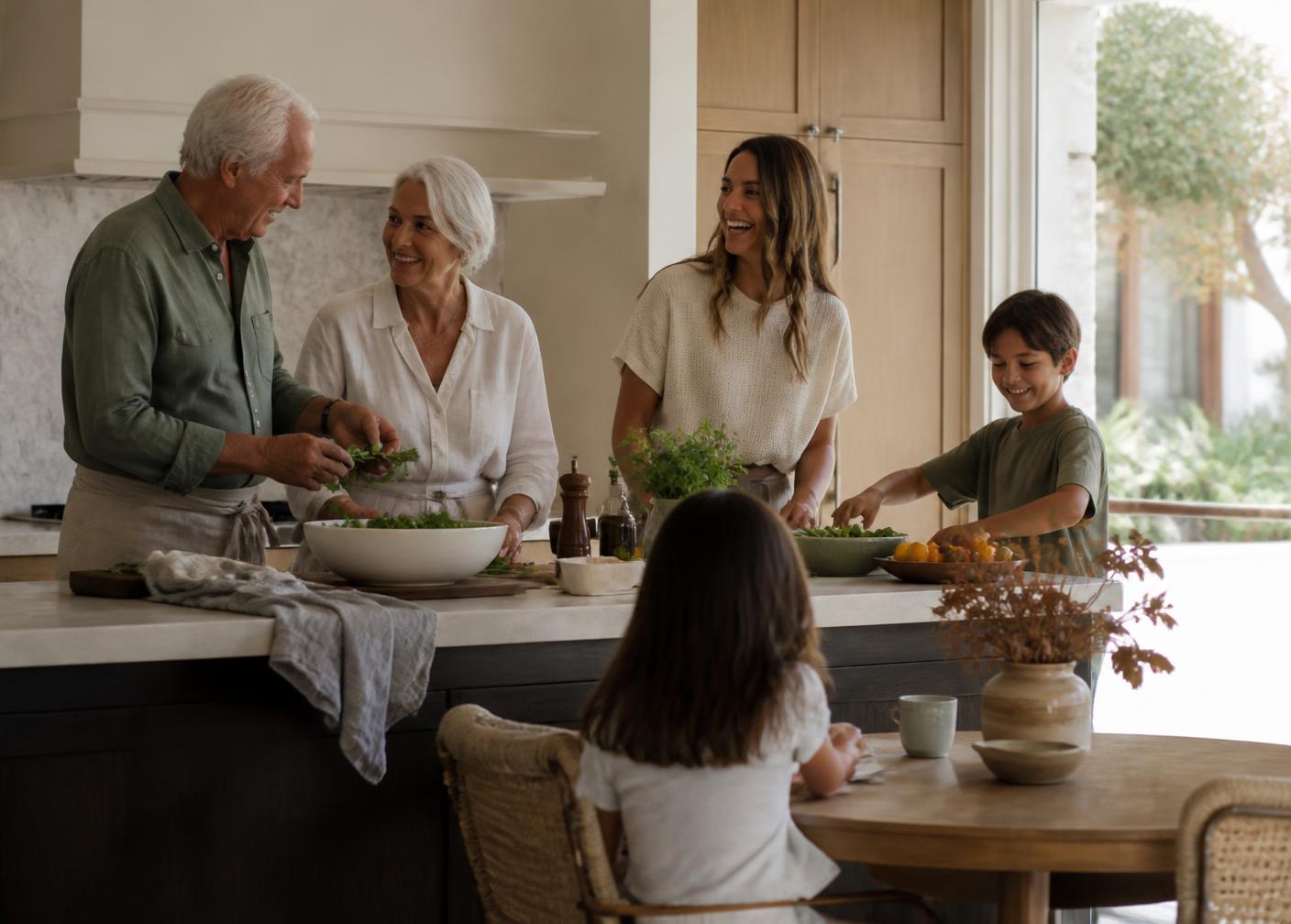 Grandparents cooking with family in a warm residential kitchen