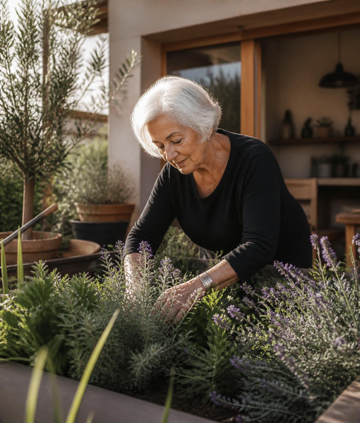 An older woman tending herbs and flowers on her sunlit terrace