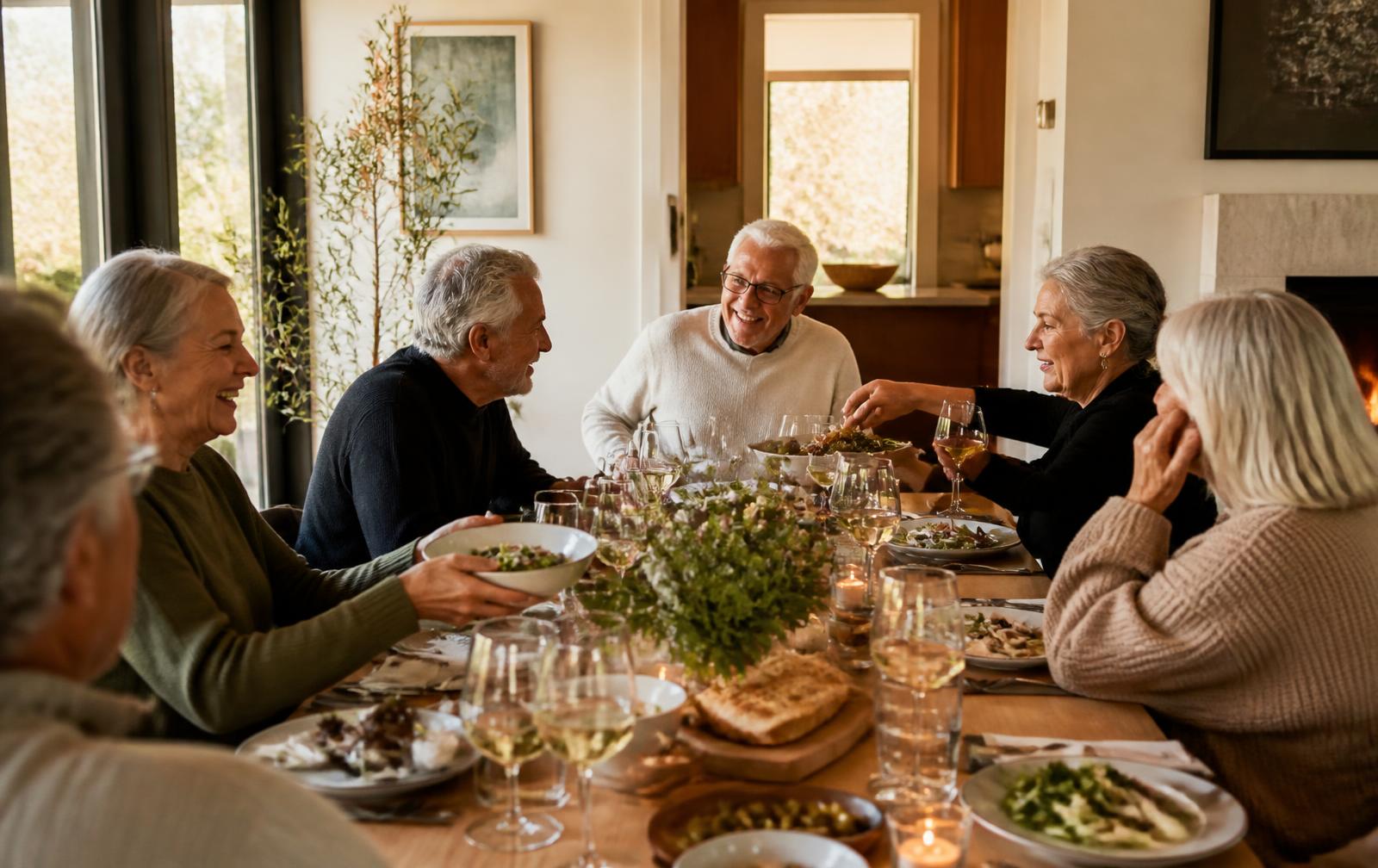 Older friends sharing dinner and conversation in a warm, light-filled home