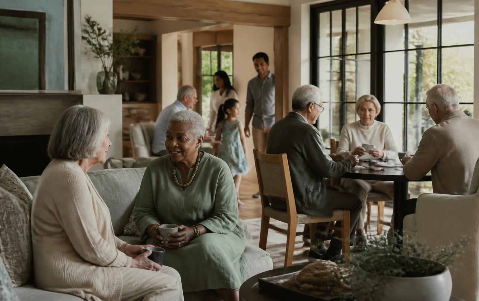 Older friends and visiting family enjoying conversation and games in a residential senior-living setting